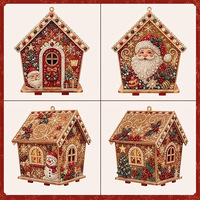Kit de maison de Noël en bois à décorer soi-même avec perles, peinture diamant 3D, thème nuit d'hiver, bonhomme de neige, ornement de vacances fait main, décoration de table