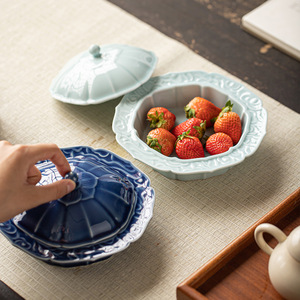 Chinese Style <b>Ceramic</b> Dessert <b>Plate</b> With Lid Flower Shape For Tea Snacks Household Use - Product Image 3