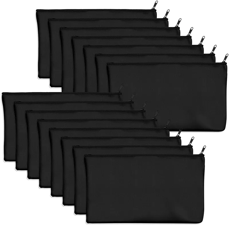 Toptan özel Logo boş siyah DIY fermuarlı depolama makyaj kozmetik nakit hediye kalem 12oz fermuarlı tuval pamuk kılıf çanta