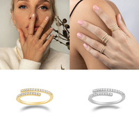 Bague ouverte délicate en argent 925 plaqué or 18 carats avec zircone cubique, double rangée pavée, bagues fines
