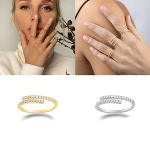 <strong>Dainty</strong> 18K <strong>Gold</strong> Plated 925 Silver CZ Open <strong>Ring</strong> <strong>Gold</strong> Double Row Pave Fine <strong>Rings</strong> - Product Image 3