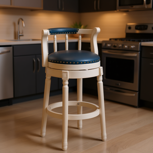 <b>White</b> Blue Leather <b>Wooden</b> <b>Bar</b> <b>Stool</b> 29.5 Inch Seat Height Traditional Design <b>Bar</b> Furniture - Product Image 2