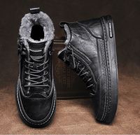 Bottes d'automne et d'hiver pour hommes, baskets légères en cuir PU noir, à lacets, avec fermeture éclair, chaussures de marche à plateforme plate