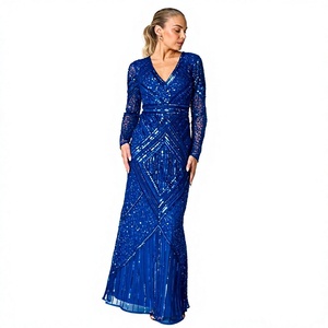 Vestido de noche de sirena de gasa transparente con cuello alto, manga acampanada, efecto ilusión, con relieve, cuentas y lentejuelas, largo hasta el suelo y cintura natural, color verde azulado. - Product Image 1