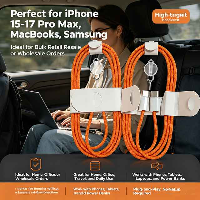 60W USB C to USB C Braided Fast Charging Cable 130 Strands Copper for iPhone 15 17 Pro Max Orange