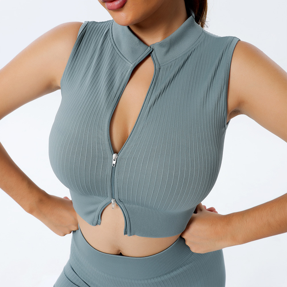 Women's Yoga Top Seamless High Elastic Ribbed Yoga Top Double Zipper Design Striped Yoga Sports Top Women's Sports Top