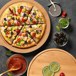 Solid Wood Pizza <b>Trays</b> With Handles Bamboo Serving Platters For Dessert Cake Sushi Western Food 6 7 8 9 Inch - Product Image 2