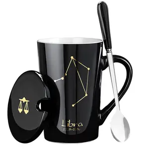 12 Constellations Ceramic Mugs With Spoon Lid White And Gold Porcelain Zodiac Milk Coffee Cup