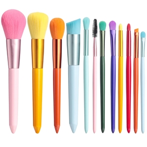 Ensemble de 12 pinceaux de maquillage en poils synthétiques colorés, manche en bois, virole en aluminium, kit de pinceaux pour le visage, le fond de teint et le rasage - Product Image 3