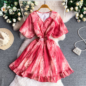Vestido <span class=keywords><strong>de</strong></span> verano vintage francés <span class=keywords><strong>de</strong></span> gasa estampada con mangas farol para mujer, holgado, con cintura ajustada y volantes que estilizan la figura - Product Image 5