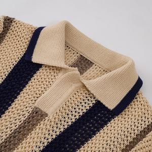 Factory Custom Women Knit Sweater <strong>Long</strong> <strong>Sleeve</strong> <strong>Polo</strong> Neck <strong>Ladies</strong> Knit Pullover Striped Jacquard Hollow-out Knit <strong>Polo</strong> <strong>Shirt</strong> - Product Image 4