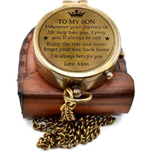 <b>Engraved</b> Brass <b>Compass</b> with Leather Case Hanging Ring Portable Design-Hiking Gift for Son From Mom - Product Image 1