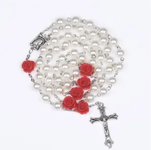 Hot sell Rosary 8mm plastic pearl with rose flower beads Jesus Cross Christ Maria stock necklace for pray