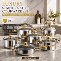 Nouvelle conception, ensemble de 12 casseroles en acier inoxydable antiadhésif, avec couvercles en verre, compatibles gaz et induction, style Zen asiatique