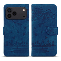 Casing ponsel kulit Pu motif kucing Sakura timbul untuk iPhone 17 Pro Max dompet ponsel kulit lipat dengan tempat kartu berdiri untuk Samsung