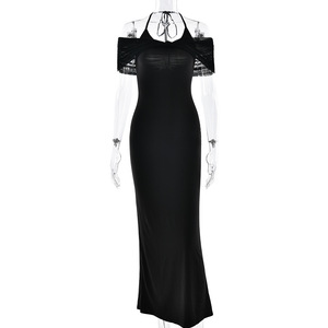 Robe de soirée longue à épaules dénudées, dos nu, taille naturelle, avec empiècements transparents et patchwork - Product Image 5