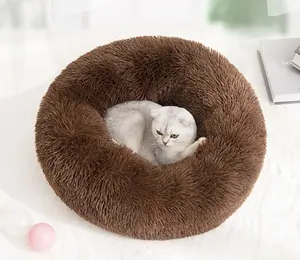 Cama de felpa redonda y esponjosa para mascotas, sofá calmante inteligente de piel sintética, bonito, gato, camas de lujo para perros