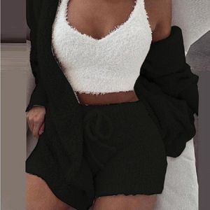 女性性感睡衣3件套成熟柔软睡衣女孩睡衣毛绒背心短裤睡袍睡衣套装 - Product Image 1