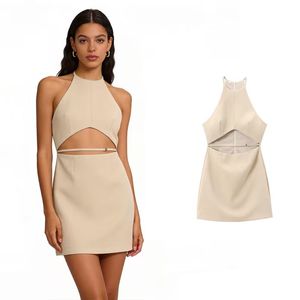 Vestido Mini Casual de Verano sin Mangas con Abertura Frontal en Color Beige para Mujer - Product Image 1