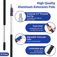 Perche télescopique en aluminium écologique de 12 pieds avec 4 têtes de dépoussiérage, brosse d'angle, raclette pour fenêtres, outils de nettoyage ménager