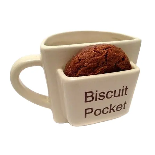 Taza divertida promocional de cerámica con soporte para galletas, taza de café con bolsillo para galletas