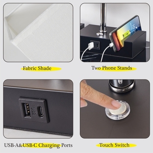 <span class=keywords><strong>Lampe</strong></span> de table moderne à interrupteur tactile en fer, à intensité variable, avec deux supports pour téléphone, ports de charge USB-A et USB-C, batterie rechargeable, LED blanc chaud - Product Image 5
