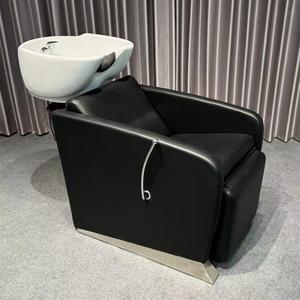 Fauteuil de lavage moderne noir pour salon de coiffure, unité de lavabo en cuir PU avec cuvette en céramique, station de lavage de cheveux professionnelle - Product Image 4