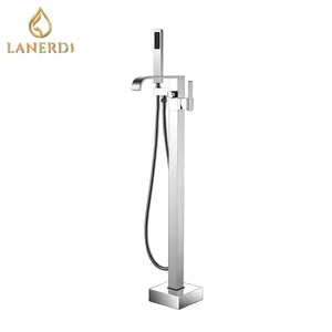 Waterfall Bath Mixer Brass Chrome Waterfall Square Floor Mounted Free Standing Bath Tub Bathtub Mixer Tap Faucet Shower Set With Brass Body