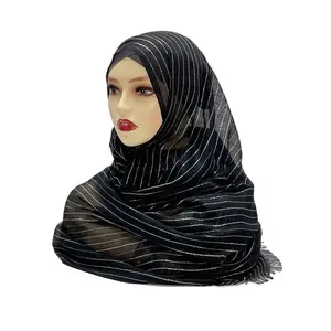 Wholesale Muslim Luxury Glitter Stripes Head Scarf Viscose Cotton Black Hijab Jersey Tassel Shawl Turbans For Ladies Fashion