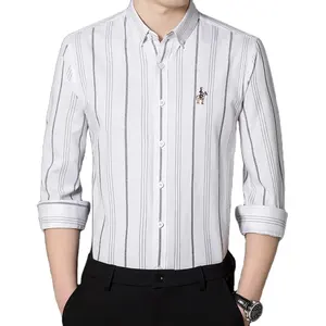 Oxford Mens Striped Shirts Long Sleeve Business Man Office Shirt without Pocket Regular Fit Quality