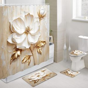 Ensemble <span class=keywords><strong>de</strong></span> rideaux <span class=keywords><strong>de</strong></span> <span class=keywords><strong>douche</strong></span> floraux élégants, design abstrait minimaliste moderne, <span class=keywords><strong>blanc</strong></span> <span class=keywords><strong>et</strong></span> <span class=keywords><strong>or</strong></span>, polyester, 4 pièces, imperméables, avec anneaux, pour salle <span class=keywords><strong>de</strong></span> bain - Product Image 4