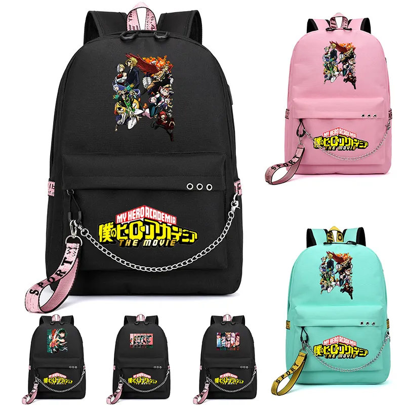 Mochila escolar de anime my hero academia, bolsa para laptop feminina com grande capacidade com carregador usb
