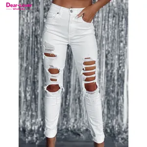 Dear-Lover OEM ODM Hersteller Blank High Waist Printed Besticktes Logo Stretch Skinny Ripped Distressed Denim Custom Jeans