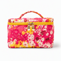 Pochette de maquillage matelassée vintage personnalisée à motif floral avec poche transparente, grande capacité, organiseur de cosmétiques de voyage, poignée rembourrée