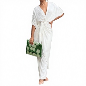 Women's <b>White</b> Two-<b>Piece</b> <b>Set</b> V-Neck Short Sleeve Top With Belt Long Straight Pants Loose Casual Spring Summer Solid Color - Product Image 2