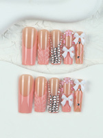 Ongles à presser Coquette, longs, forme cercueil, French manucure, nœud 3D, strass, faits main, vente en gros, logo personnalisé, OEM, directement de l'usine