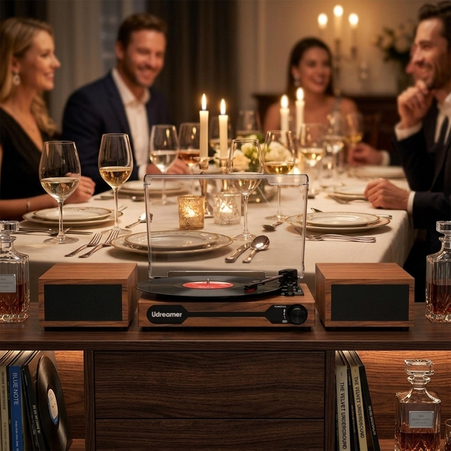 Modern Mid-Century Vinyl Record Player with Independent Stereo Speakers 3-Speed Wireless Turntable for Aesthetic Home Audio