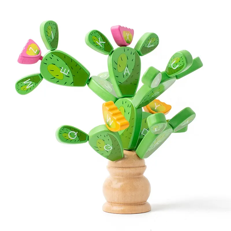 Montessori wooden balance rainbow cactus toy build and stack cactus puzzle blocks alphabet learning toy for toddlers fine motor