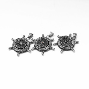 yunnique Stainless Steel <b>Ship</b> <b>Wheel</b> Pendant Necklace With Rhinestone Compass Design For Men And Women - Product Image 3