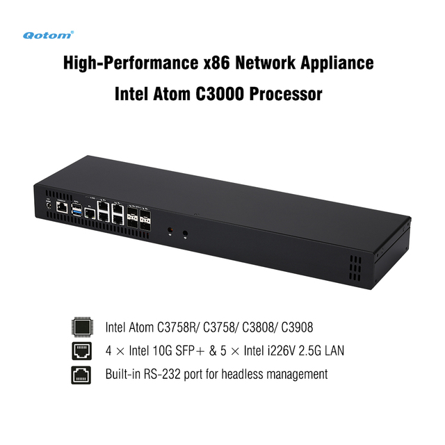 Barebone Q20300G9 1U Rack - Atom C3000 CPU, 4x 10G SFP+/ 5x 2.5G LAN, DDR4 RAM, Dual NVMe - PfSense/OPNsense Firewall Appliance