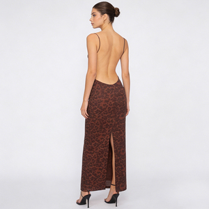 Abito lungo da donna sexy <span class=keywords><strong>con</strong></span> stampa leopardata, senza schienale, <span class=keywords><strong>con</strong></span> spalline sottili - Vestito lungo aderente da sera per feste e club <span class=keywords><strong>con</strong></span> spacco laterale - Product Image 4