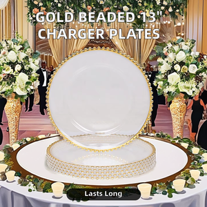 <span class=keywords><strong>Assiette</strong></span> de présentation ronde en <span class=keywords><strong>plastique</strong></span> transparent de 13 pouces avec bord doré et perles dorées pour décoration de mariage et dîner de fête - Product Image 3