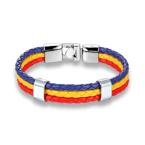 Großhandel World Soccer Cup Fans Armband Herren Leder Armband Edelstahl Leder gewebt Country Flag Armband