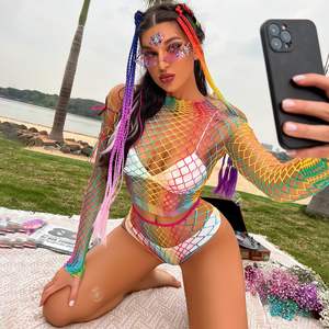 Sexy Regenbogen-Netz-Dessous-Set, <span class=keywords><strong>2</strong></span>-teilig, Transparentes Rollenspiel-Outfit für Nachtclubs, Verstellbares Buntes Bralette & Slip-Set für Damen - Product Image 2