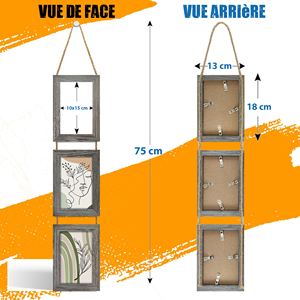 Ensemble de 3 cadres <span class=keywords><strong>photo</strong></span> verticaux en chêne gris à suspendre avec corde, décoration murale multi-collages, cadre pour trois photos portrait 10x15cm - Product Image 5