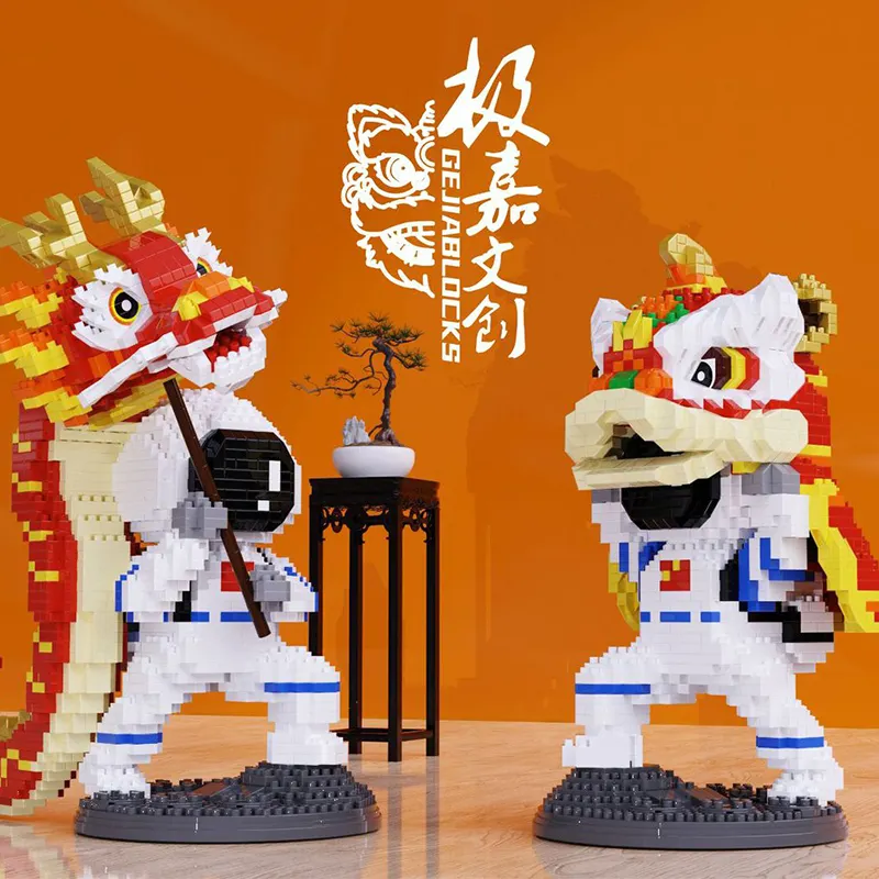 Cultura chinesa DIY Home Decor Micro Blocos de Construção Dragon Dance Lion Dance Presente de Aniversário Mini Tijolo Empilhamento Astronautas Brinquedos