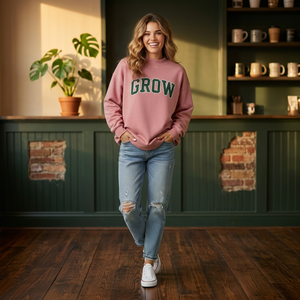 Sudadera Oversize de Cuello Redondo para Mujer, Color Rosa, con Estampado de Letras 'Grow', 100% Algodón, Mezcla de Bambú, Tejido de Punto, Ropa Casual de Otoño - Product Image 1
