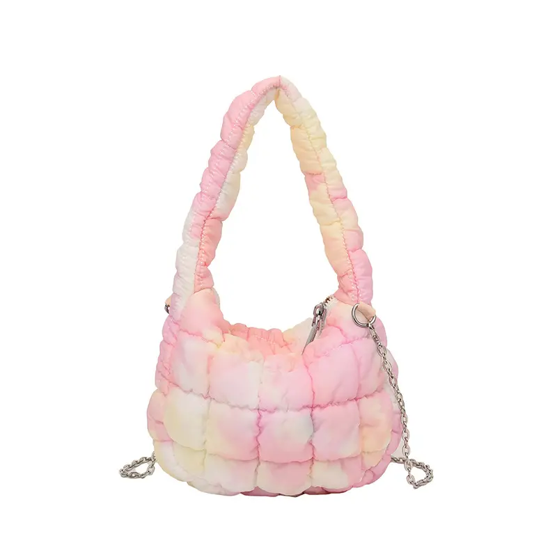 Borsa morbida imbottita in Nylon leggero imbottito trapuntato arcobaleno Tie Dye personalizza borsa a tracolla imbottita Tote per donna