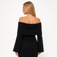 Robe en tricot vintage pour femme avec logo personnalisé, pointelle, mini volants, manches longues, épaules dénudées, noire, été, polyester, élasthanne, OEM, ODM