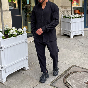 Nero cielo blu Cardigan da <span class=keywords><strong>uomo</strong></span> abiti Casual primavera autunno manica lunga <span class=keywords><strong>cotone</strong></span> linea pantaloni da <span class=keywords><strong>uomo</strong></span> Top Shirt 2 pezzi Set - Product Image 3